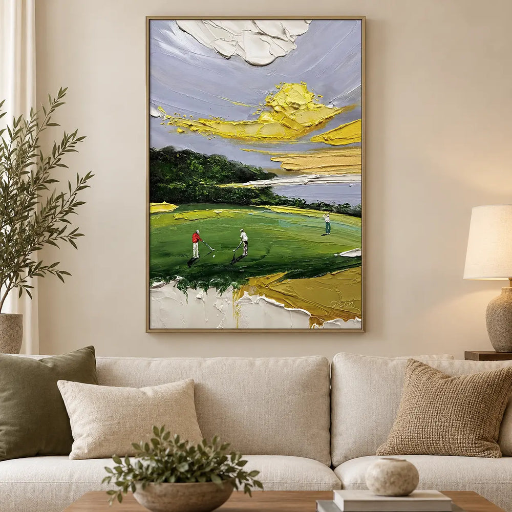 Lemon Sky on the Links: above a cream sofa with olive and tan cushions and a rectangular wood table