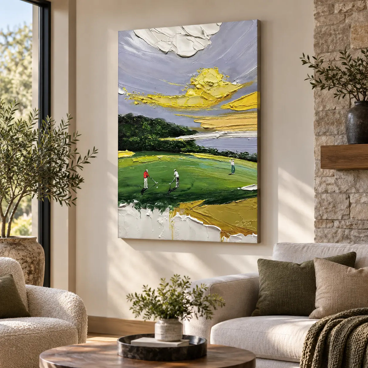 Lemon Sky on the Links: between a black window and stone fireplace beside a cream boucle chair