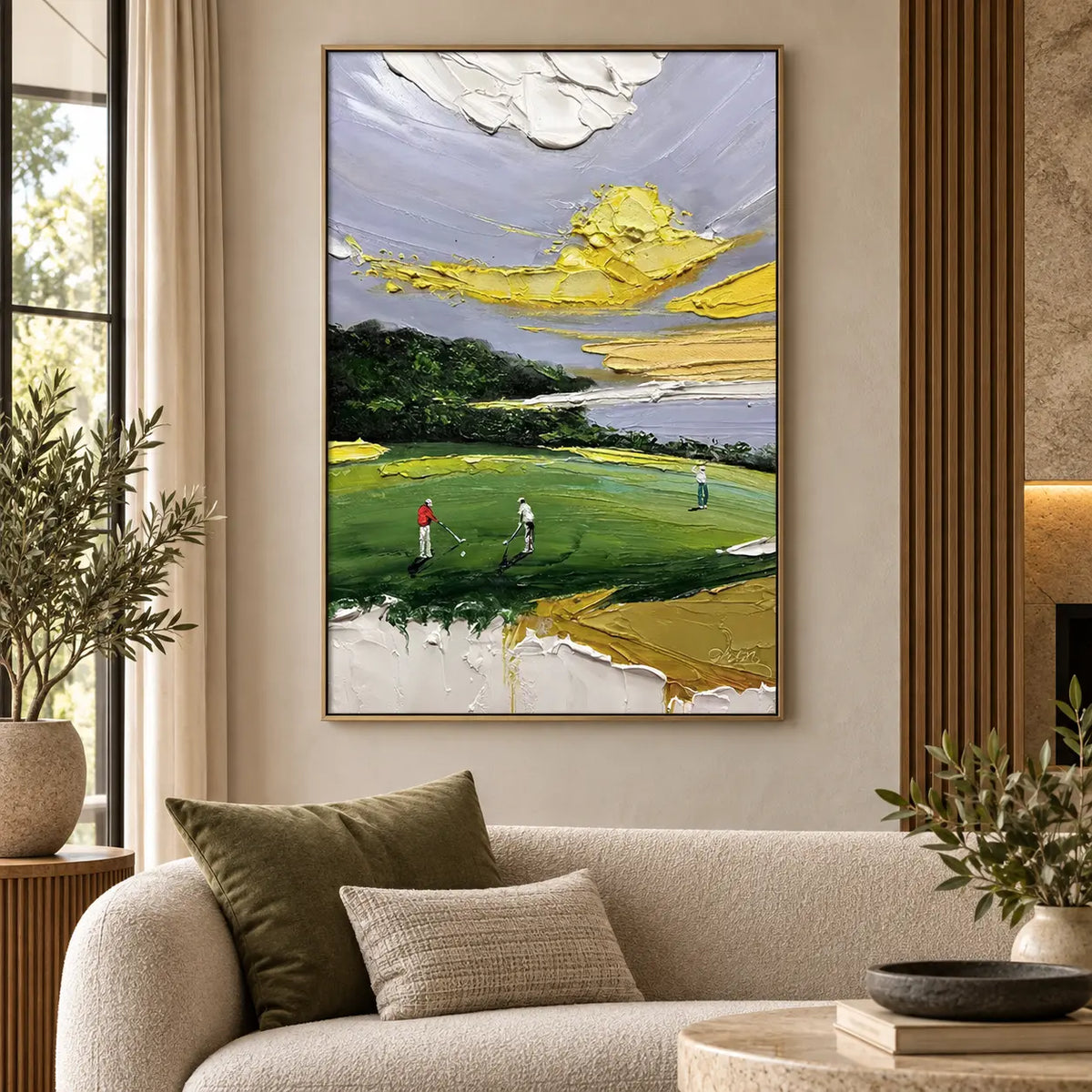 Lemon Sky on the Links: above a rounded cream sofa beside a wood slat fireplace