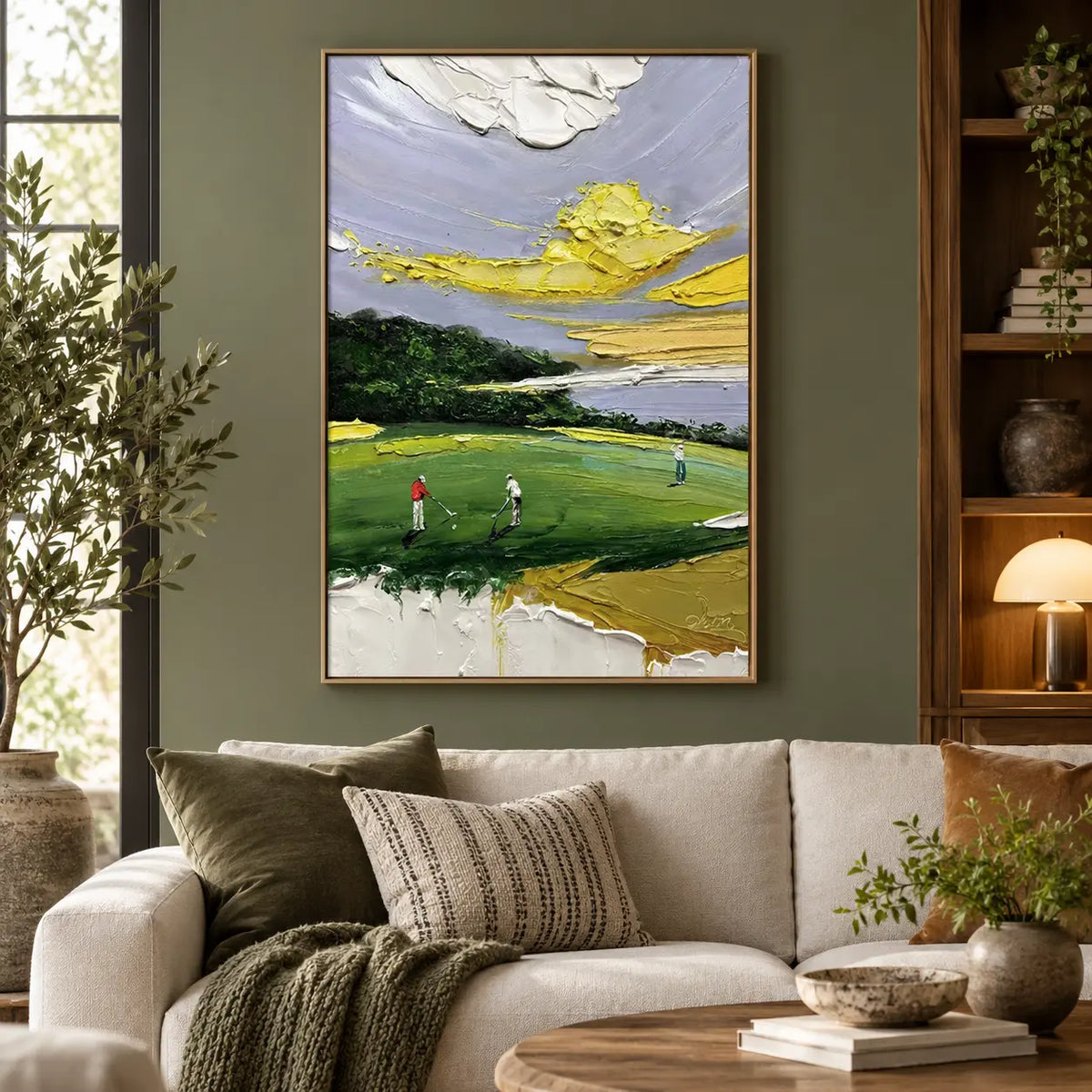Lemon Sky on the Links: on an olive wall above a cream sofa beside wooden shelving