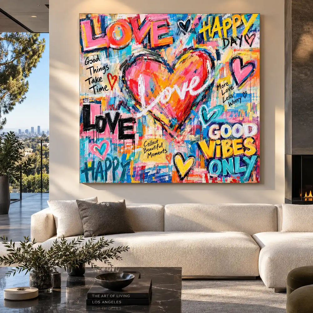 Love in the Middle of Happy: artwork above a white sectional with an olive cushion and terrace view