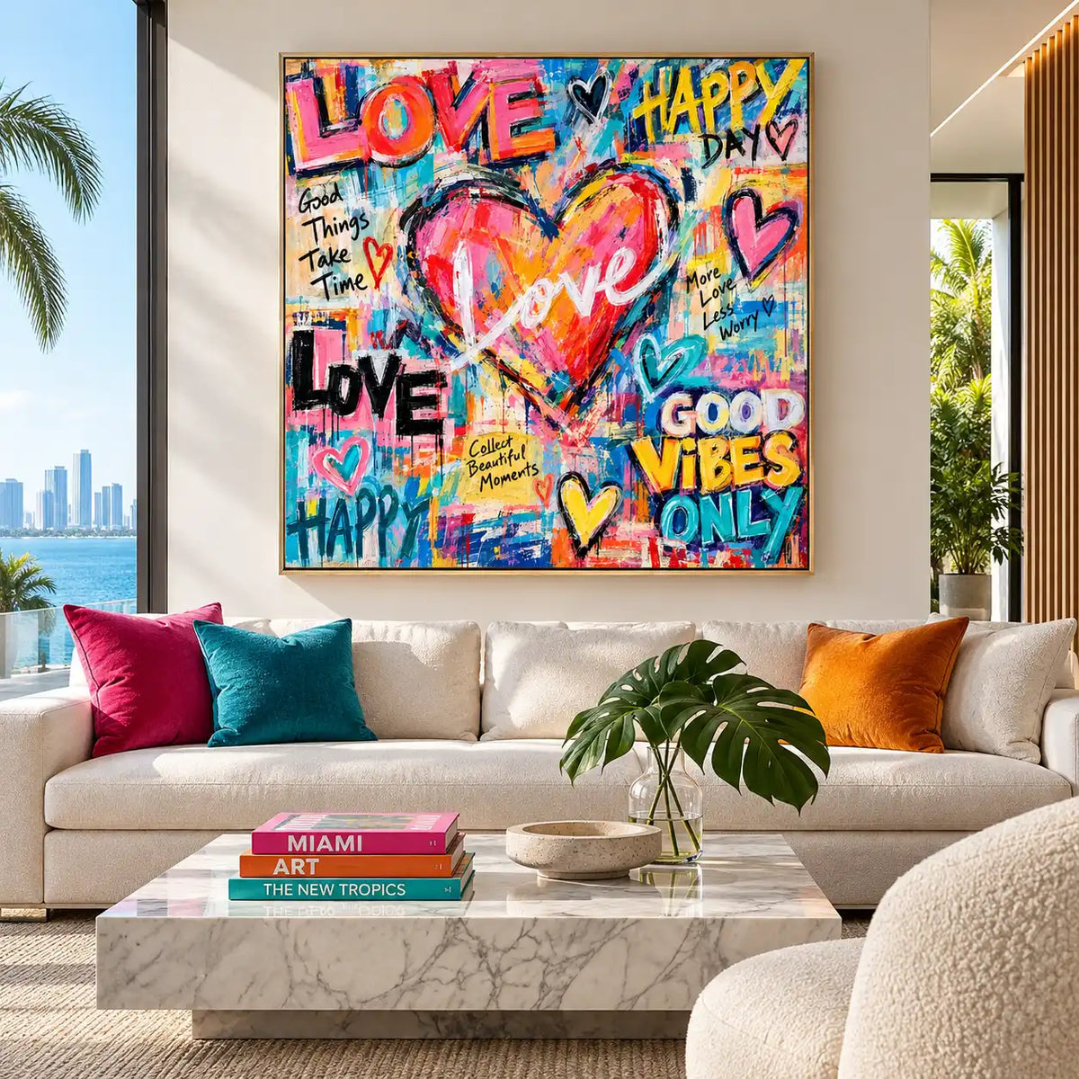 Love in the Middle of Happy: artwork above a white sofa with bright pink and teal cushions in a sunny room