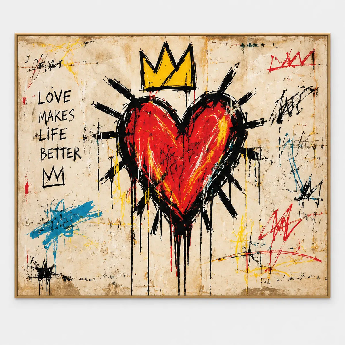 Crowned red heart with radiating black strokes beside LOVE MAKES LIFE BETTER lettering