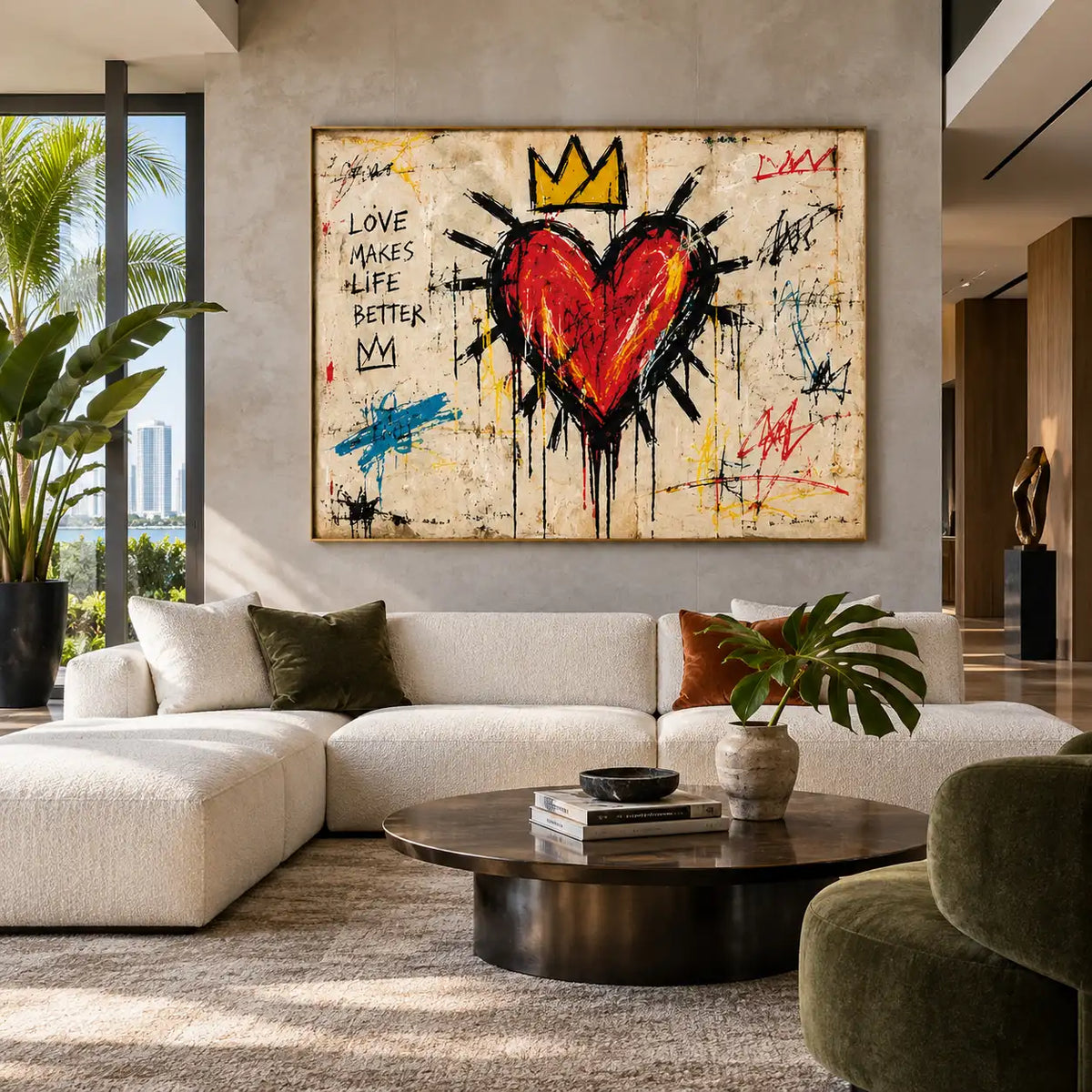 Love Makes a Crown: artwork above white seating beside a round table and tropical leaves