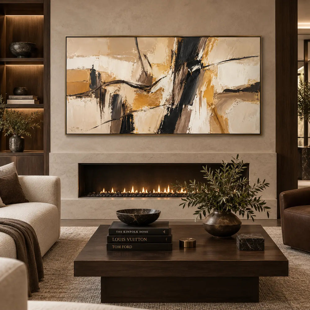 Ochre Across the Dark Divide: above a linear fireplace with a low wooden coffee table
