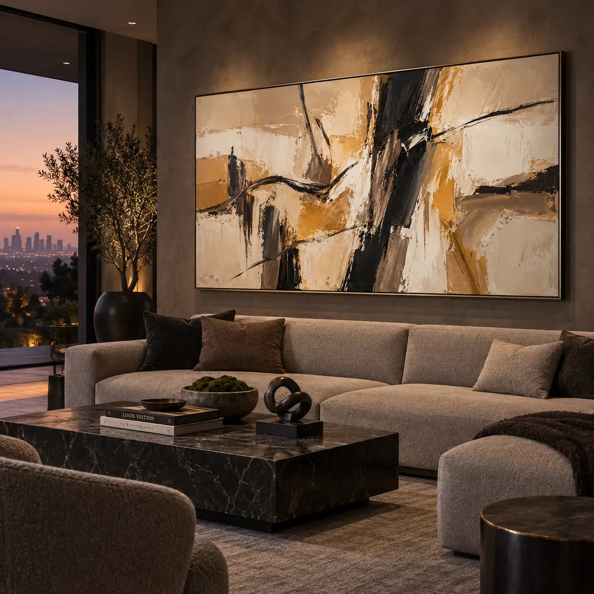 Ochre Across the Dark Divide: above a taupe sectional beside a sunset skyline and black marble table