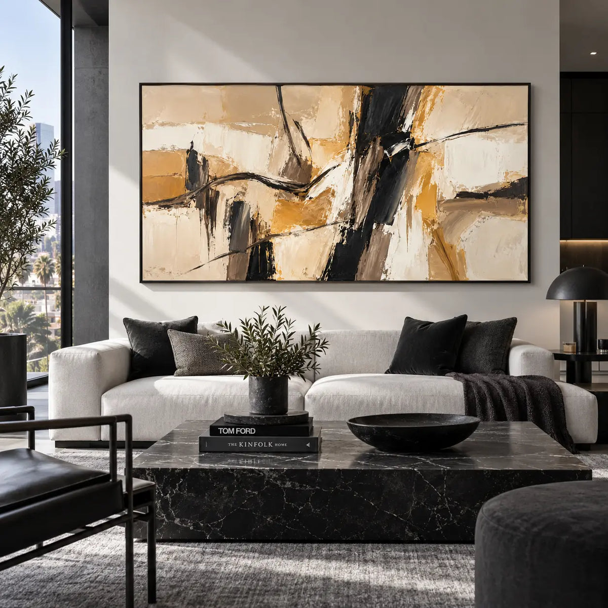 Ochre Across the Dark Divide: above a white sofa with black cushions and a veined stone table