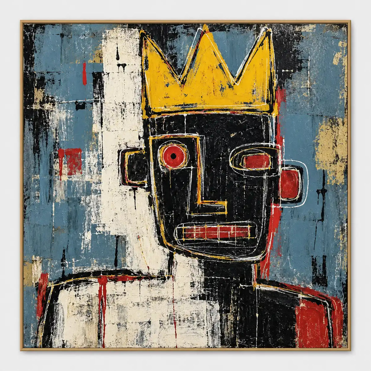 Geometric black face with a large yellow crown, red eyes and a weathered blue-and-cream background