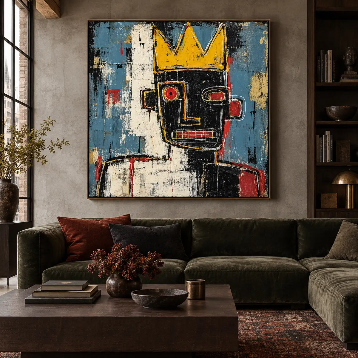 One Red Eye Under a Crown: artwork above a dark green sofa beside a window and wooden table