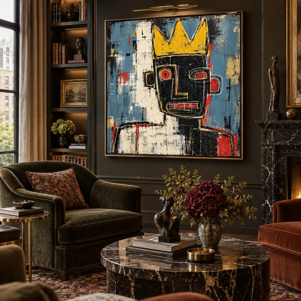 One Red Eye Under a Crown: artwork above a green sofa in a dark room with bookshelves and a round marble table