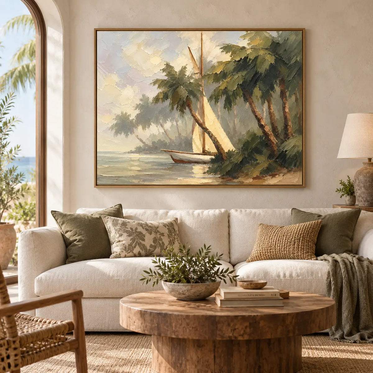 Palms at Anchor above a white sofa with a round wood table and woven chair