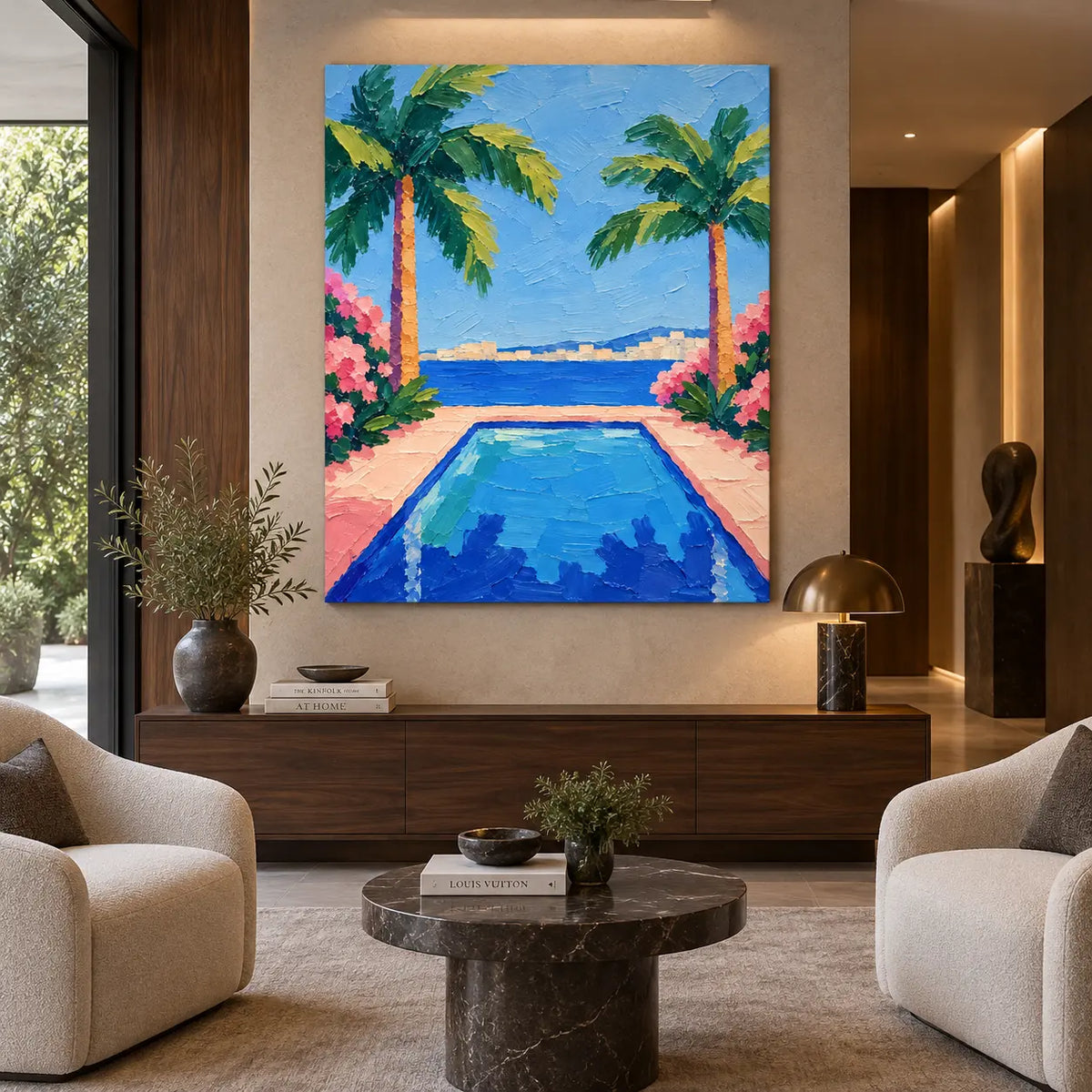 Palms Framing the Bay: above a wooden console beneath a picture light between cream chairs
