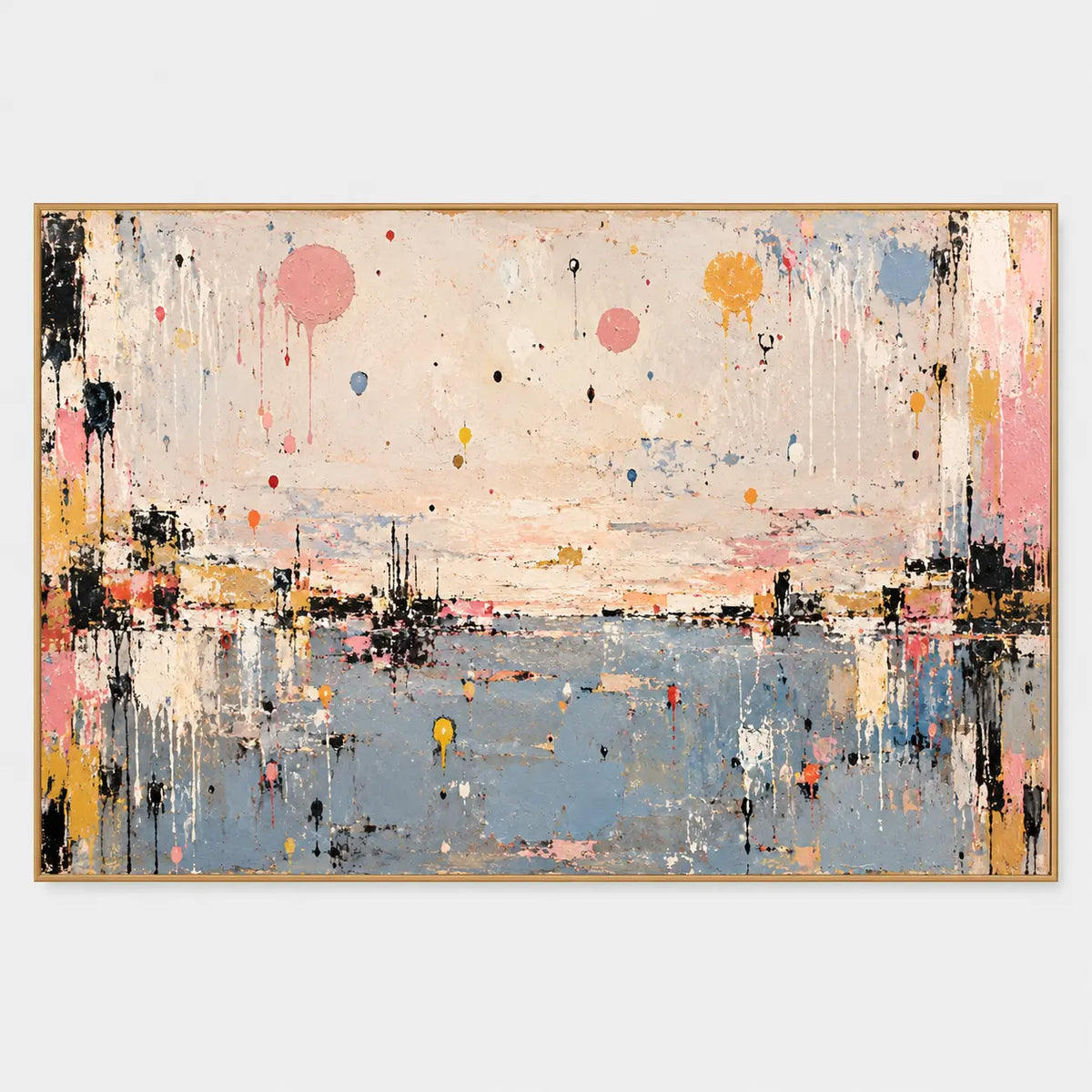 Pastel Drops Above Blue: Large pink and yellow dots hang in a cream upper field
