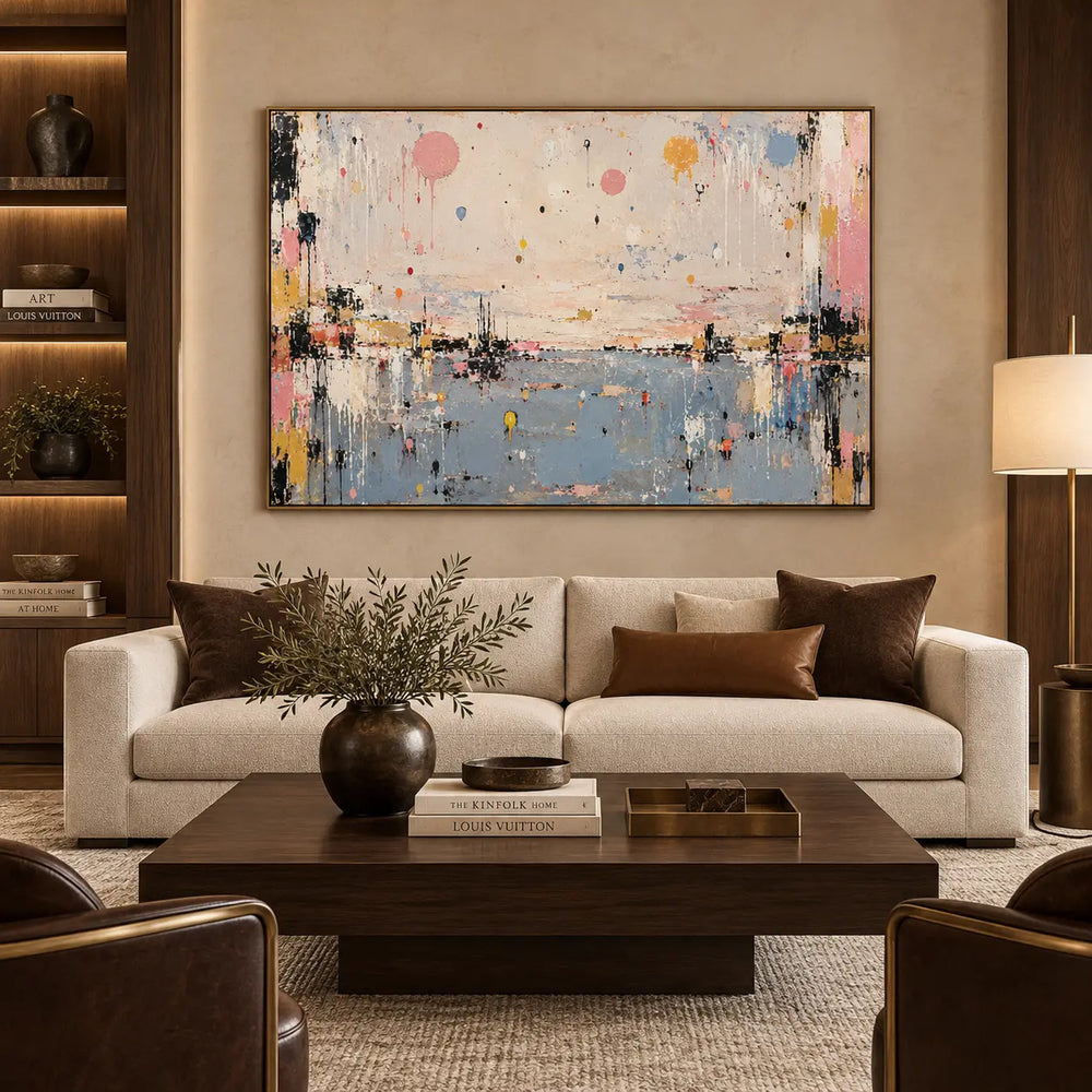 Pastel Drops Above Blue: above a cream sofa with brown cushions and a low wooden table