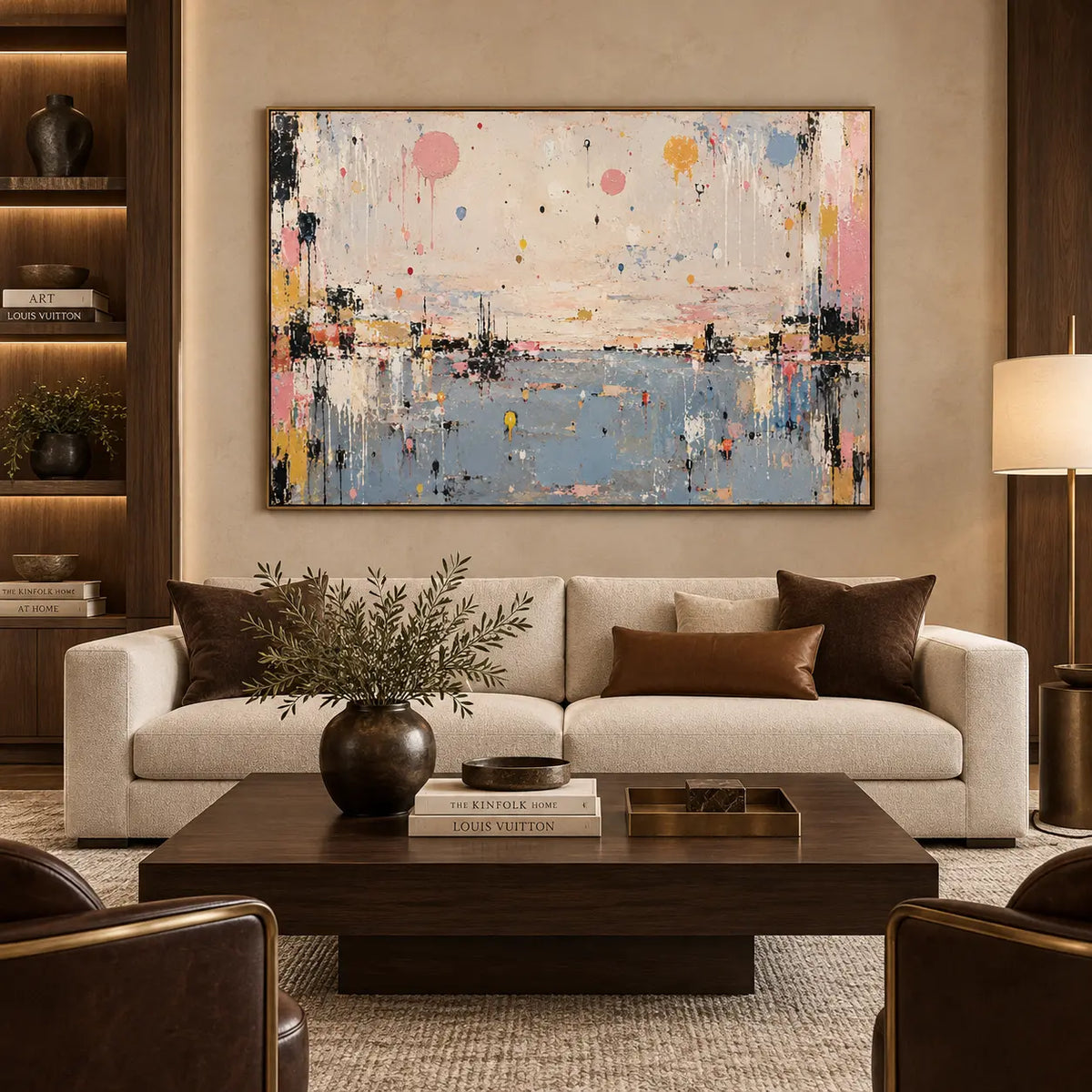 Pastel Drops Above Blue: above a cream sofa with brown cushions and a low wooden table