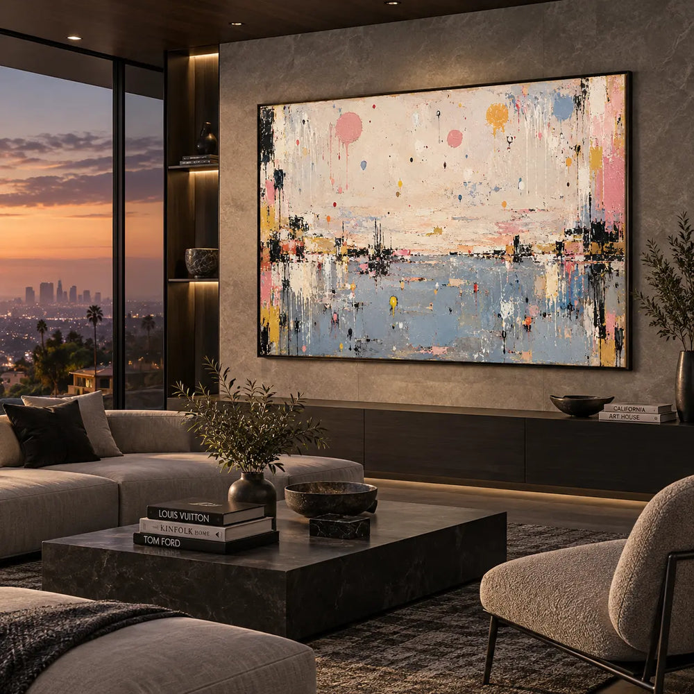 Pastel Drops Above Blue: above a long dark cabinet beside a sunset view and light seating
