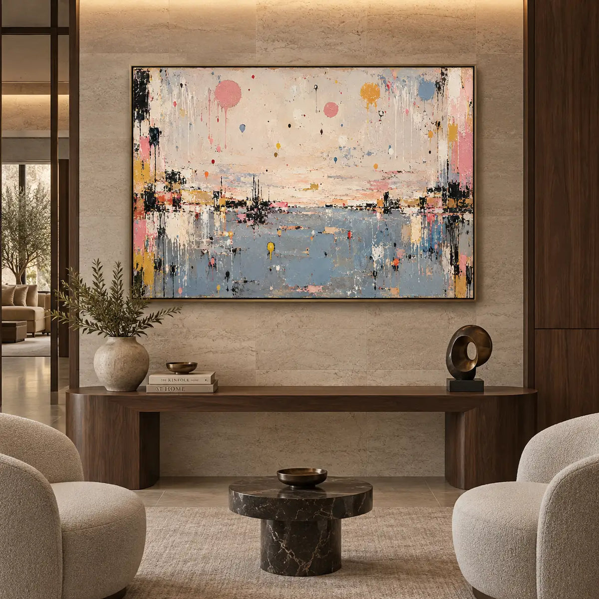 Pastel Drops Above Blue: above a long console between cream chairs and a small dark stone table