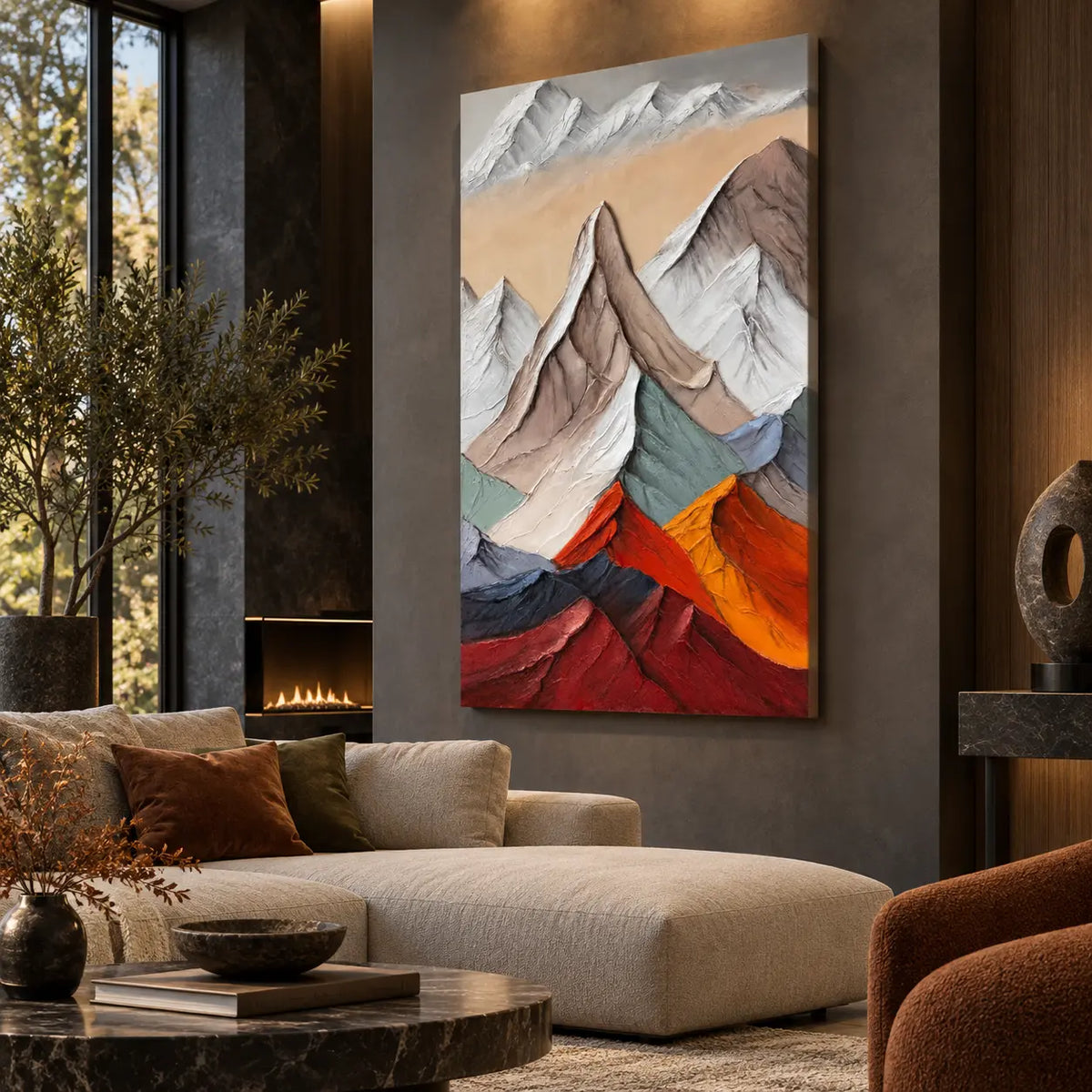 Peaks Above the Ember Range: beside a tall window and fireplace above a cream chaise