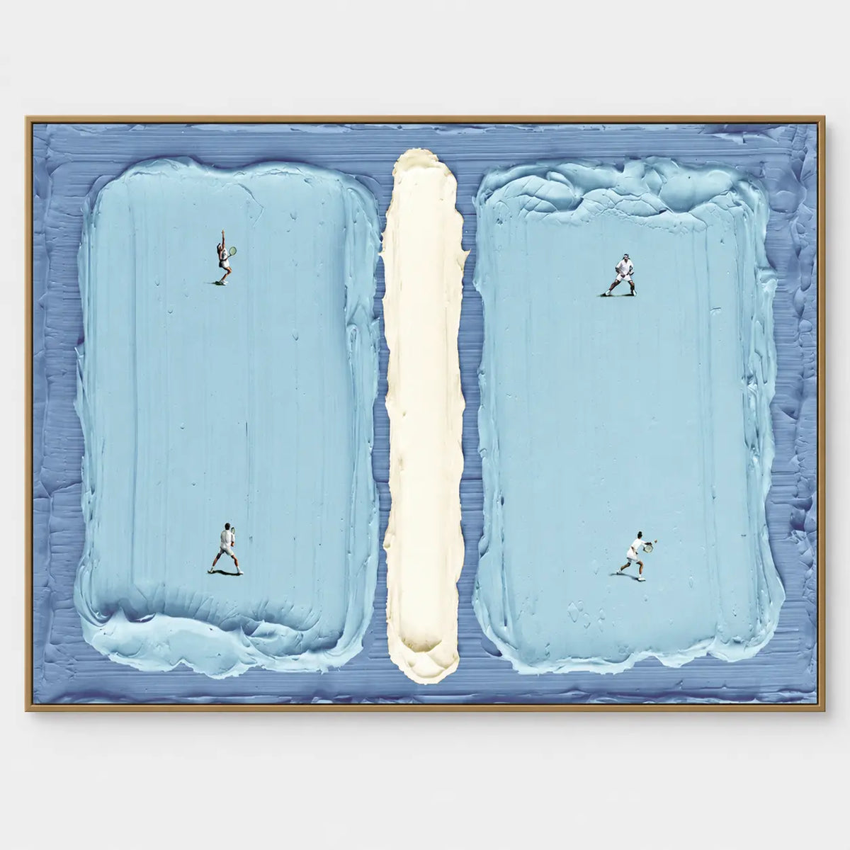 Courts in Parallel: Four tennis players holding rackets across two pale blue fields