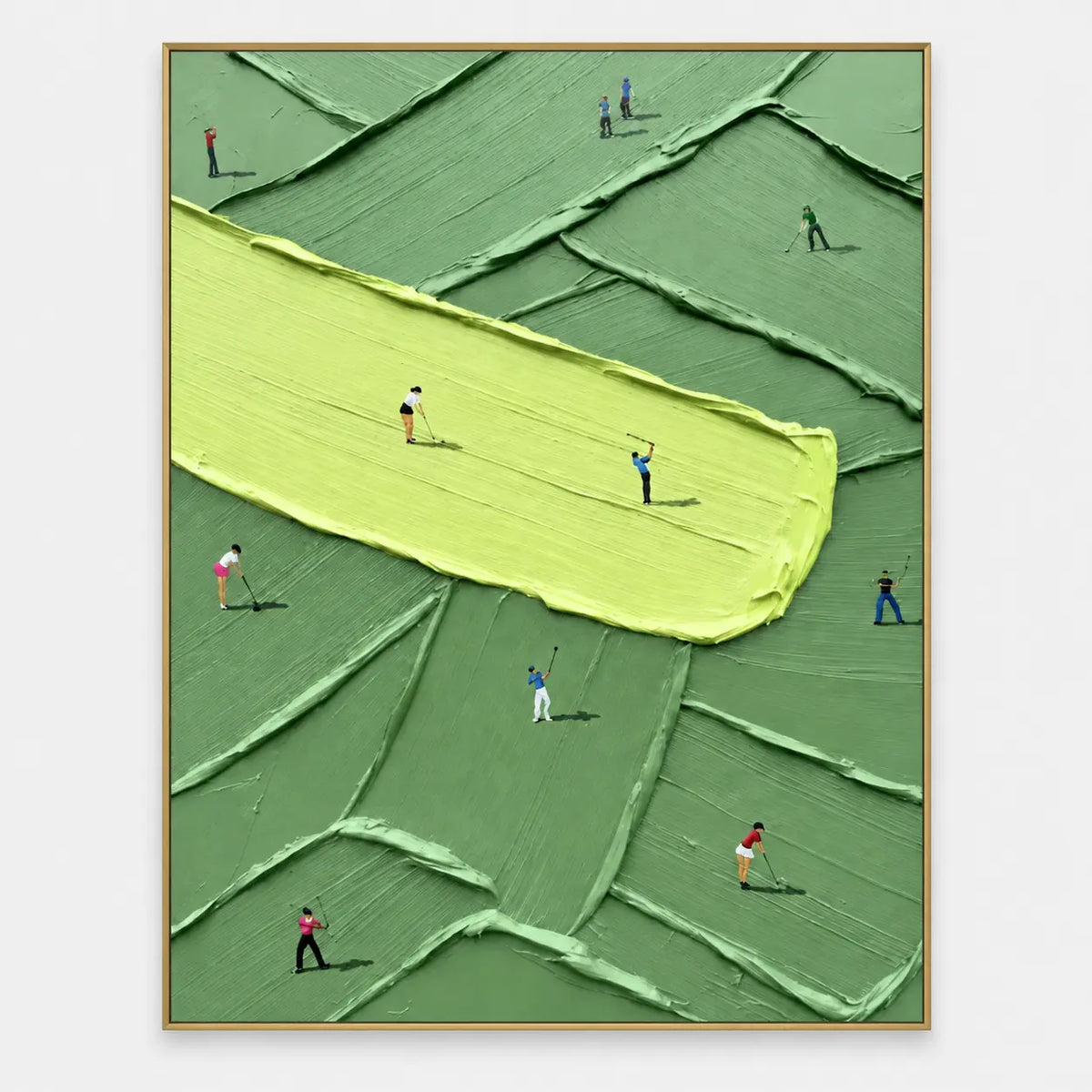 Practice Across a Lime Stroke: Tiny golfers practice putting and swinging across overlapping sage-green rectangular strokes