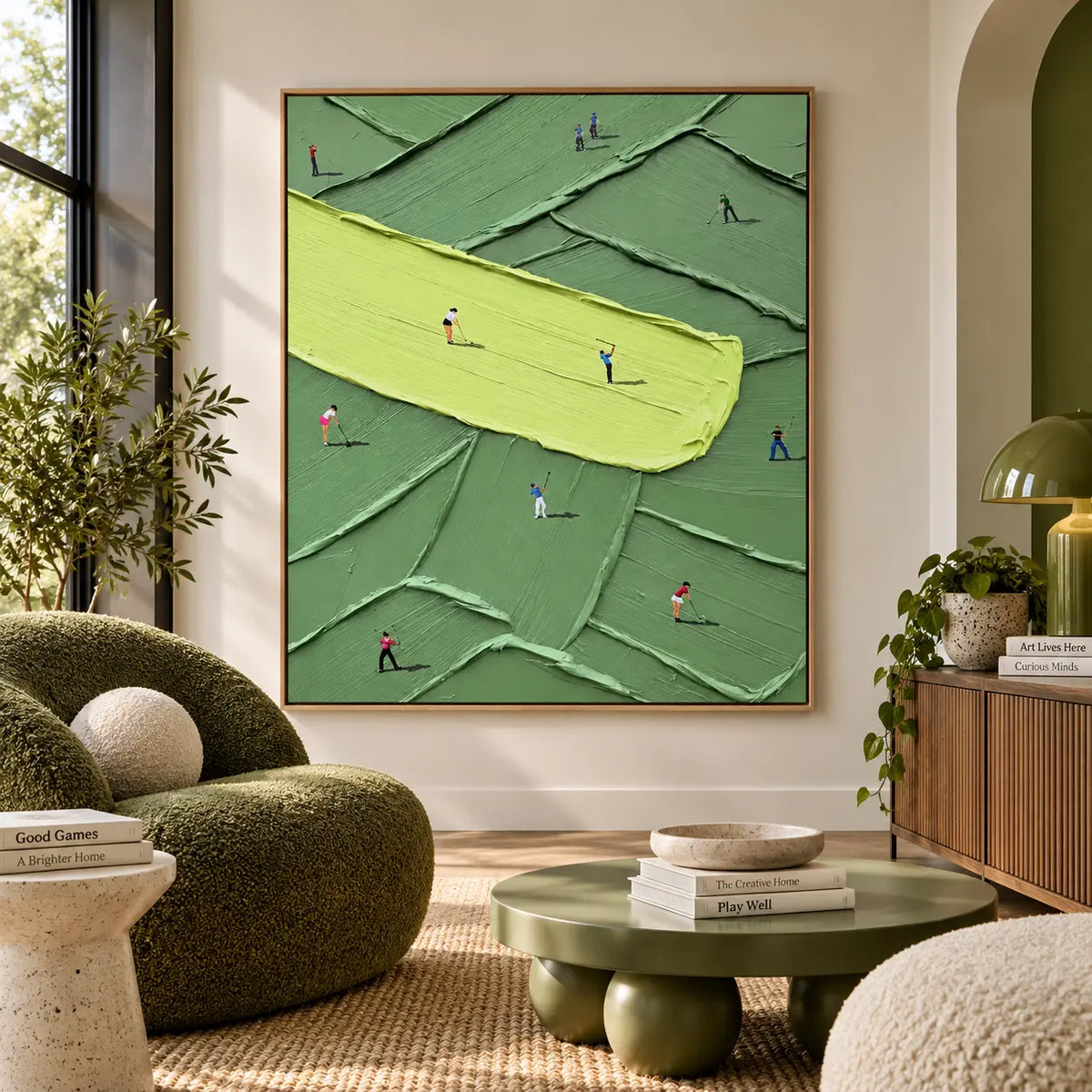 Practice Across a Lime Stroke: in a sitting room with rounded green chairs and a green coffee table