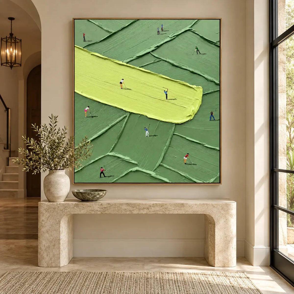 Practice Across a Lime Stroke: above a pale stone console near an arched hallway