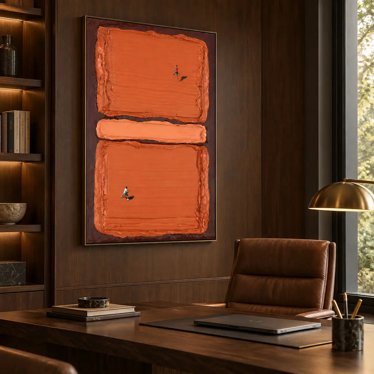 Rally in Burnt Orange: above a walnut desk with a leather chair and brass dome lamp