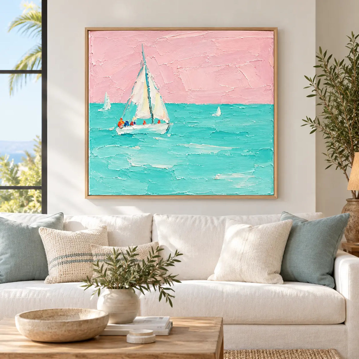 Rose Sky Regatta above a white sofa beside a coastal window and pale blue cushion