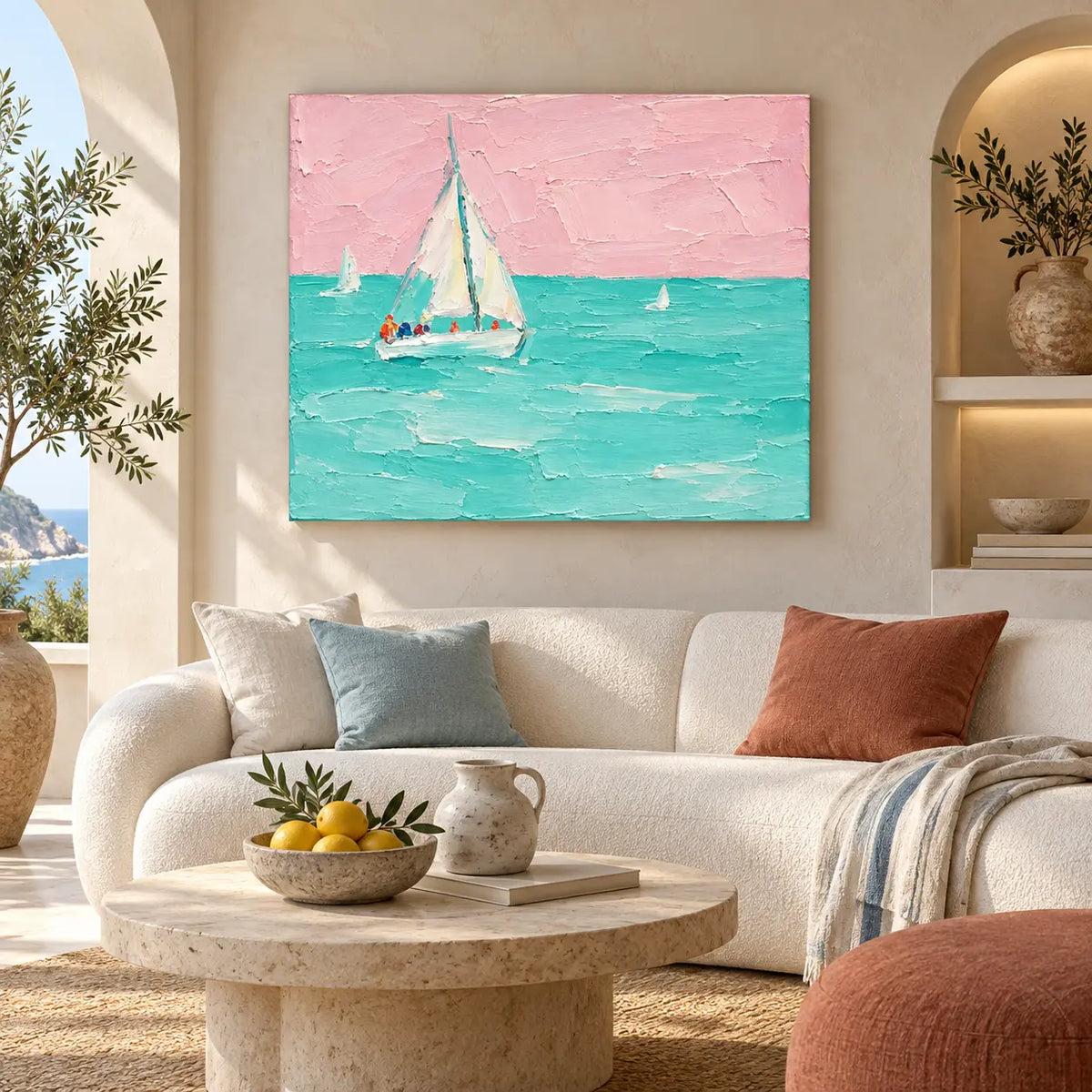 Rose Sky Regatta above a cream sofa with a rust cushion and lemons on a round table
