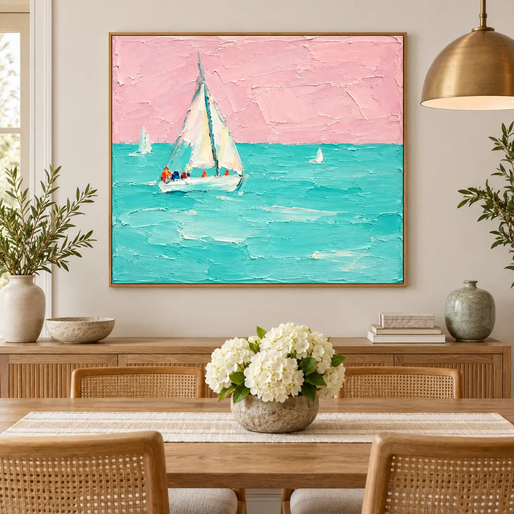 Rose Sky Regatta over a cane-front dining sideboard with white flowers and a brass pendant