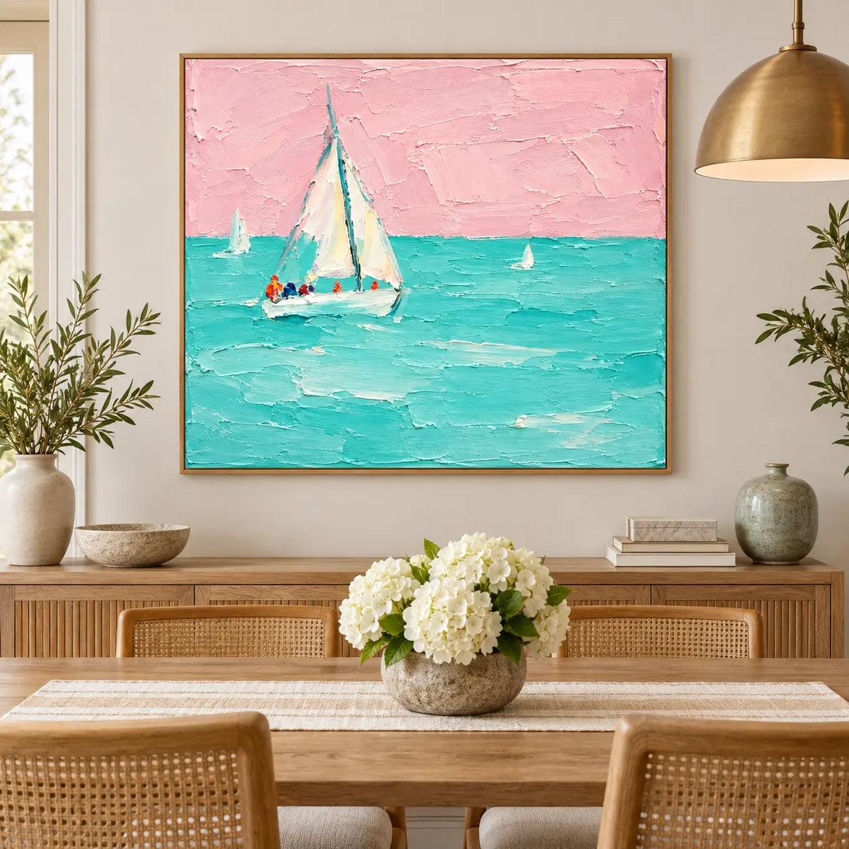 Rose Sky Regatta over a cane-front dining sideboard with white flowers and a brass pendant