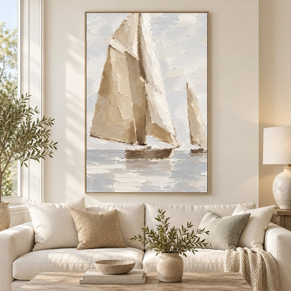 Sails in Soft Light above a cream sofa beside a bright window and ceramic lamp