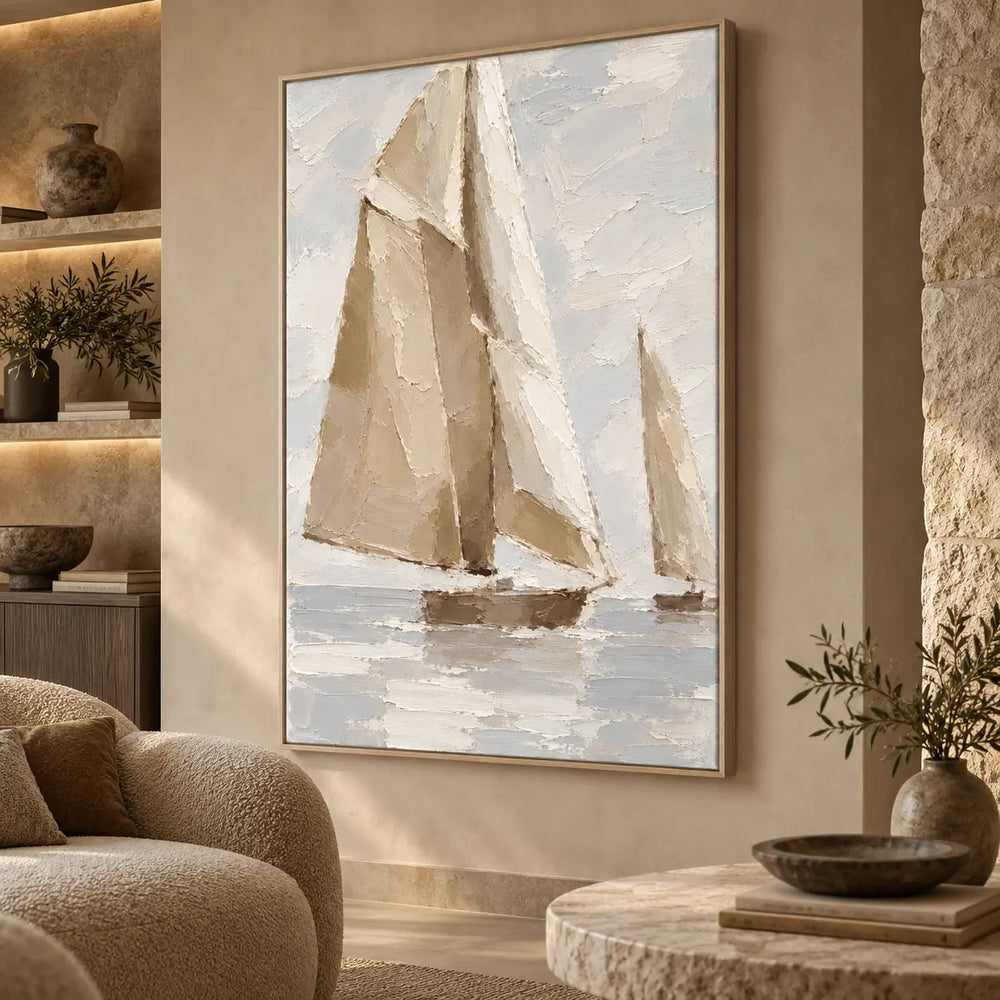 Sails in Soft Light beside a rounded chair, illuminated shelves and a stone coffee table