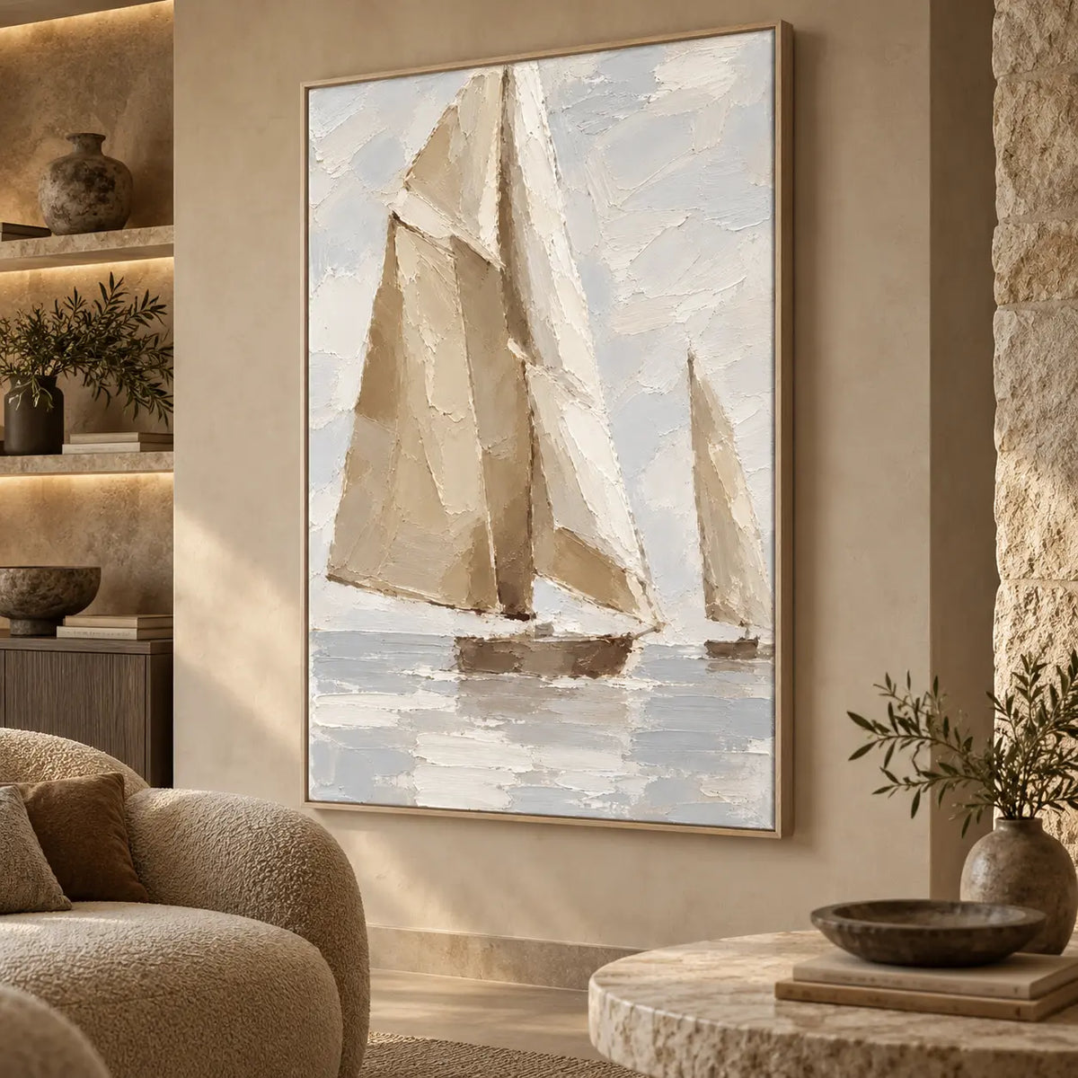 Sails in Soft Light beside a rounded chair, illuminated shelves and a stone coffee table