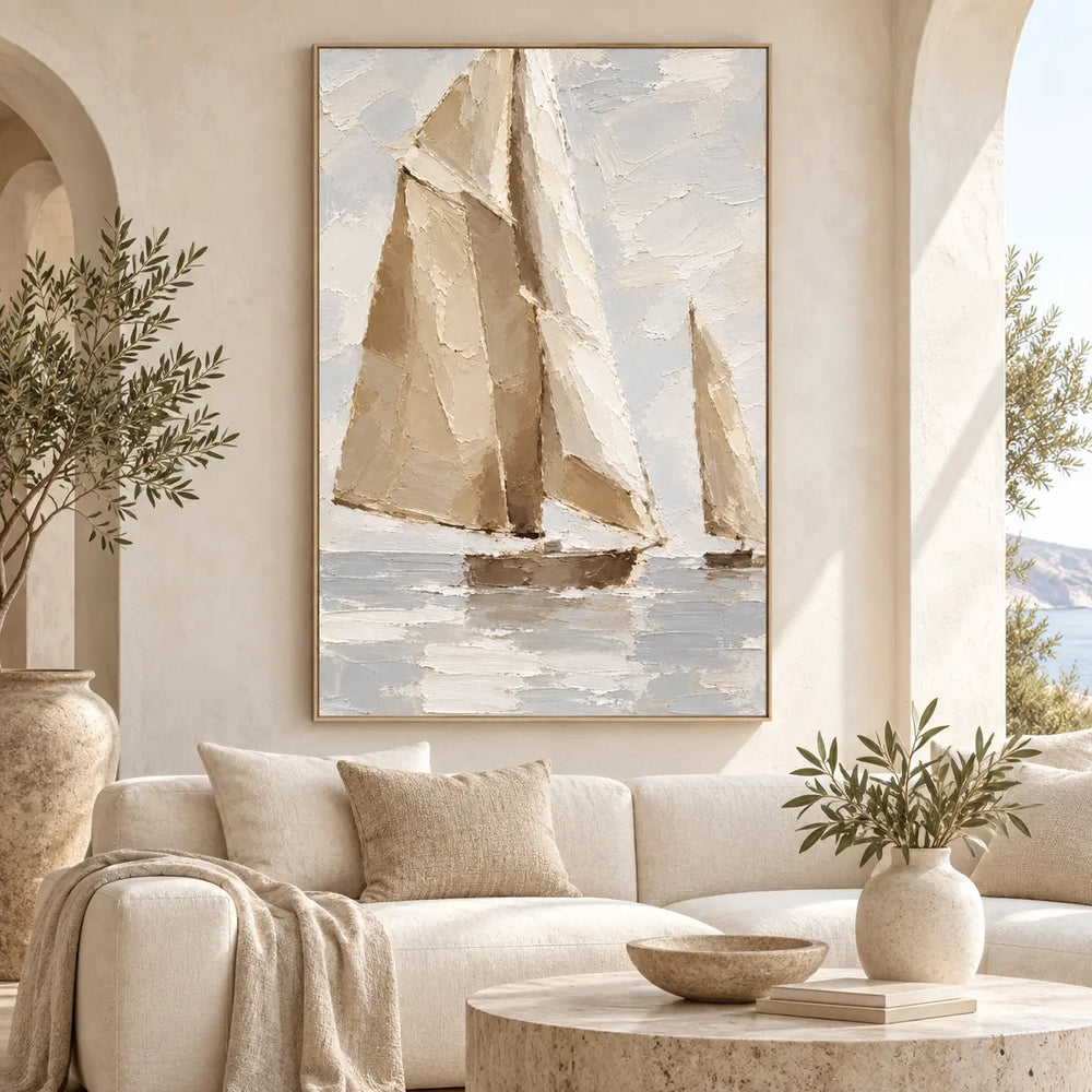 Sails in Soft Light above an ivory sofa beside an arched opening and olive branches