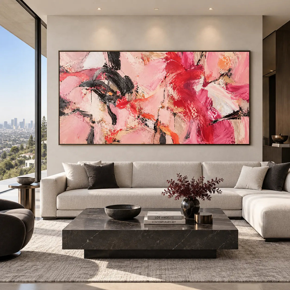Scarlet Sweeps in Open Pink: above a white sectional with dark cushions and a rectangular marble table