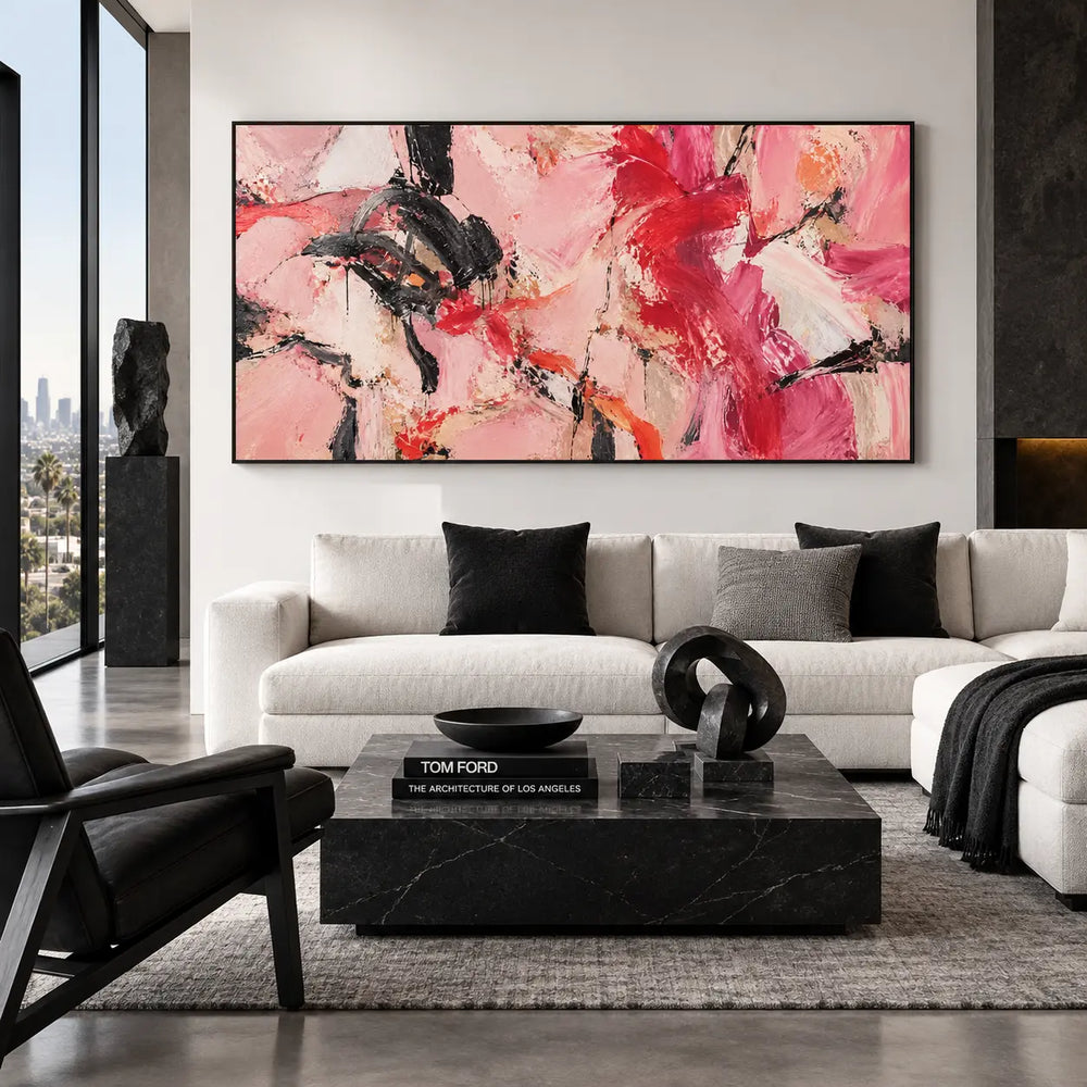 Scarlet Sweeps in Open Pink: above a white sofa with a black sculpture on the coffee table