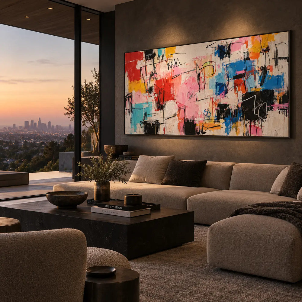 Signals on a Rose Field: above a taupe sofa beside sunset windows and a rectangular dark table
