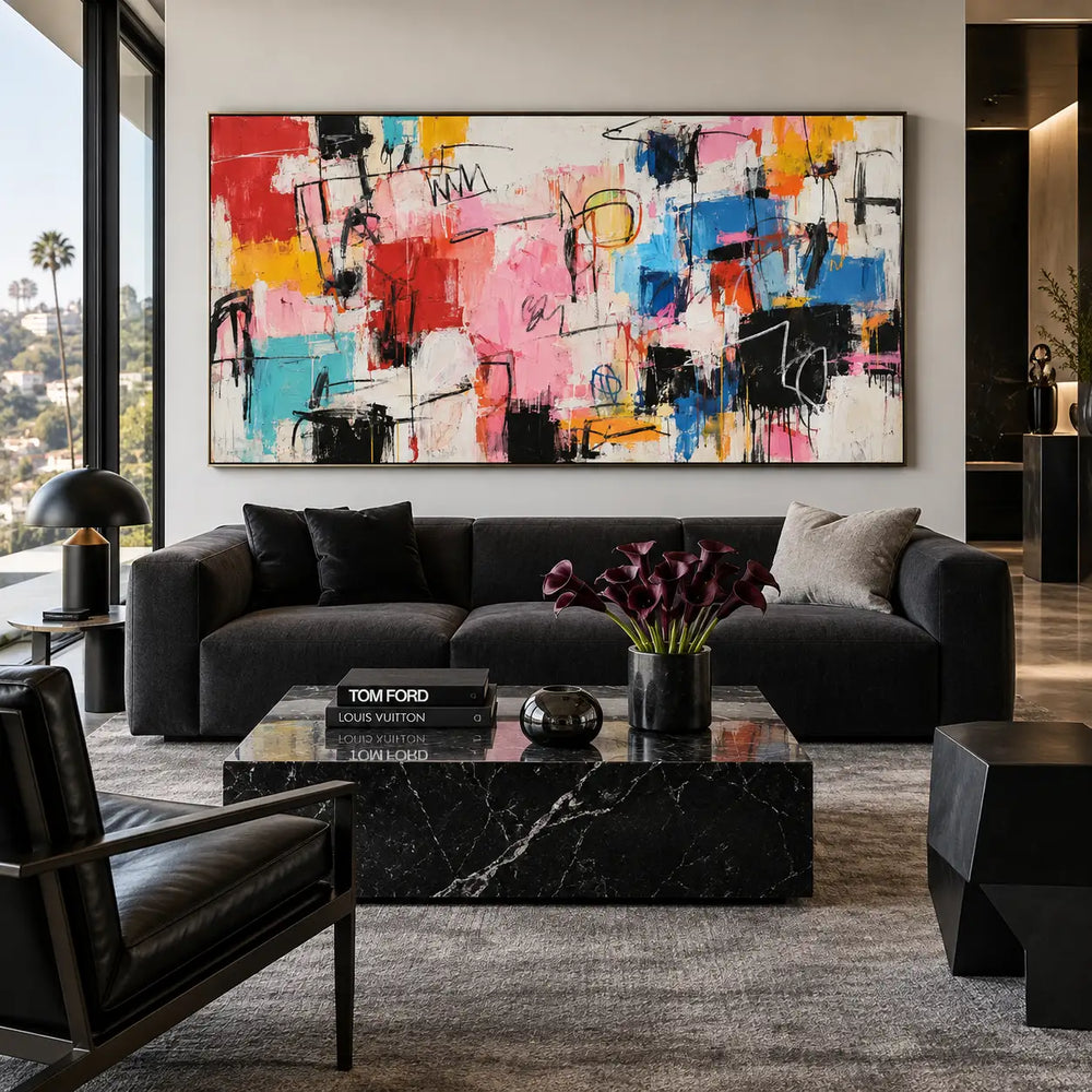 Signals on a Rose Field: above a black sofa with purple flowers and a marble coffee table