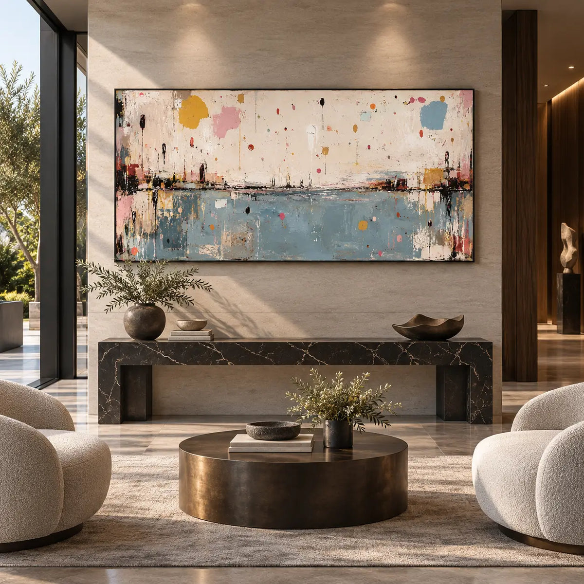 Small Orbits Over Still Blue: above a black marble console between rounded cream chairs