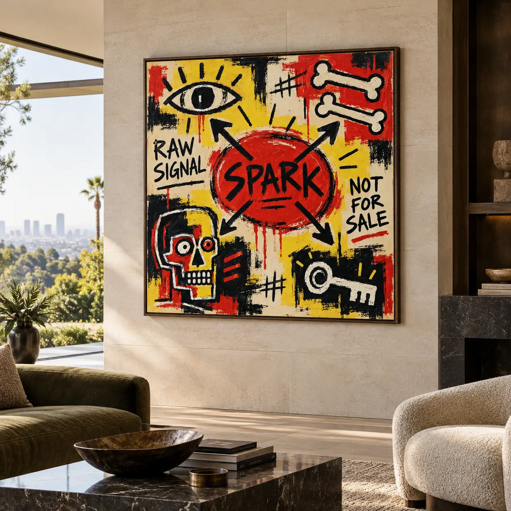 Spark at the Crossroads: artwork on a light stone wall overlooking cream seating and a sunny terrace