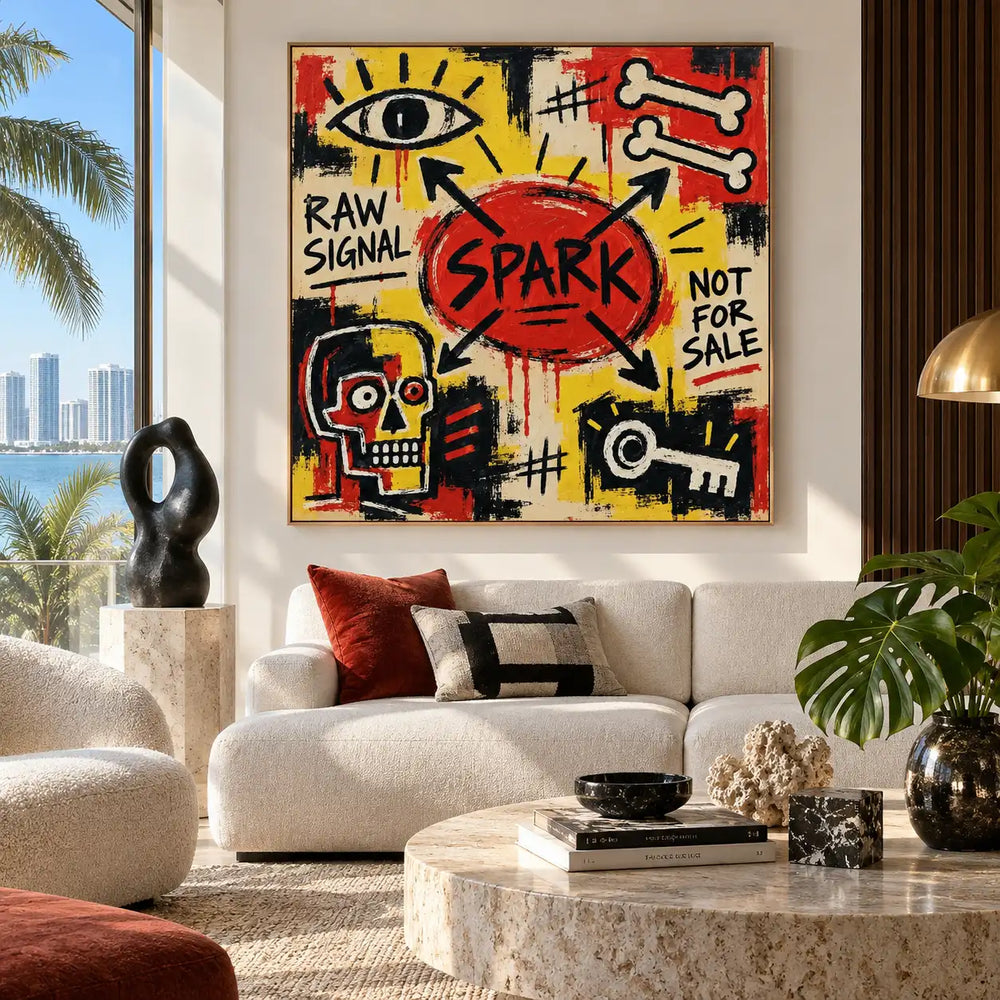 Spark at the Crossroads: artwork above white seating beside a bright balcony window and a black abstract sculpture