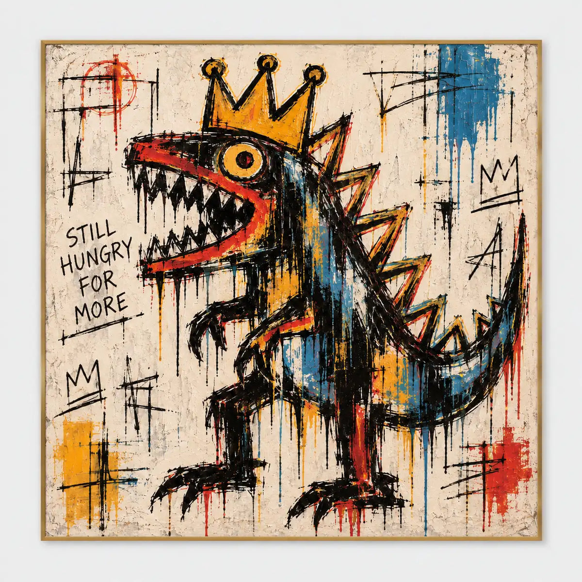 Crowned toothy dinosaur with blue-striped body and STILL HUNGRY FOR MORE lettering on a pale square field