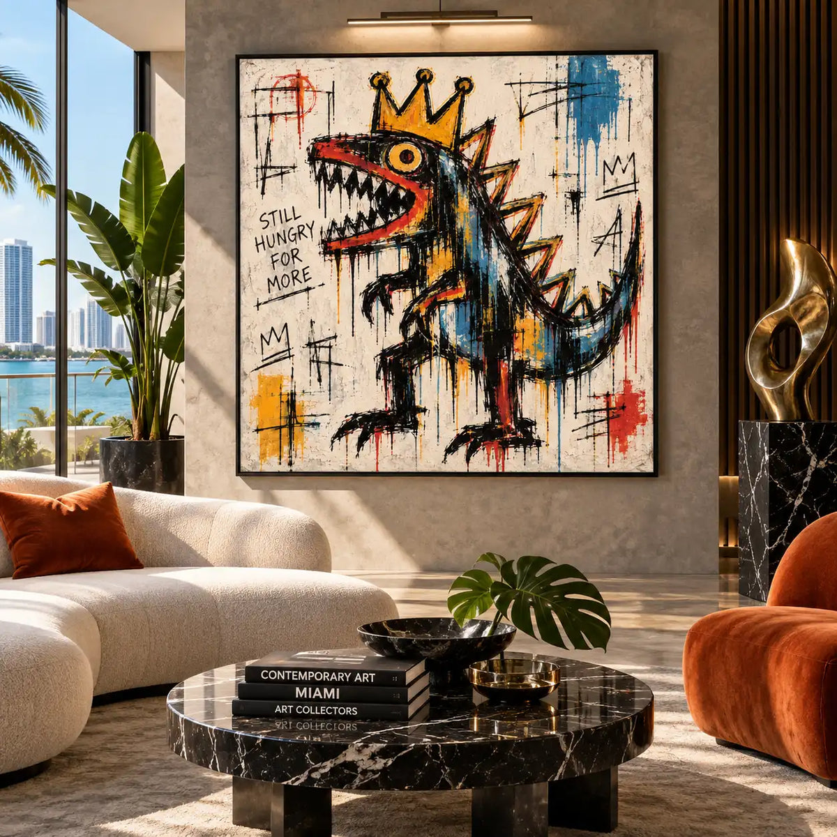 Still Hungry for a Crown: artwork above white seating beside tropical foliage and a black stone table