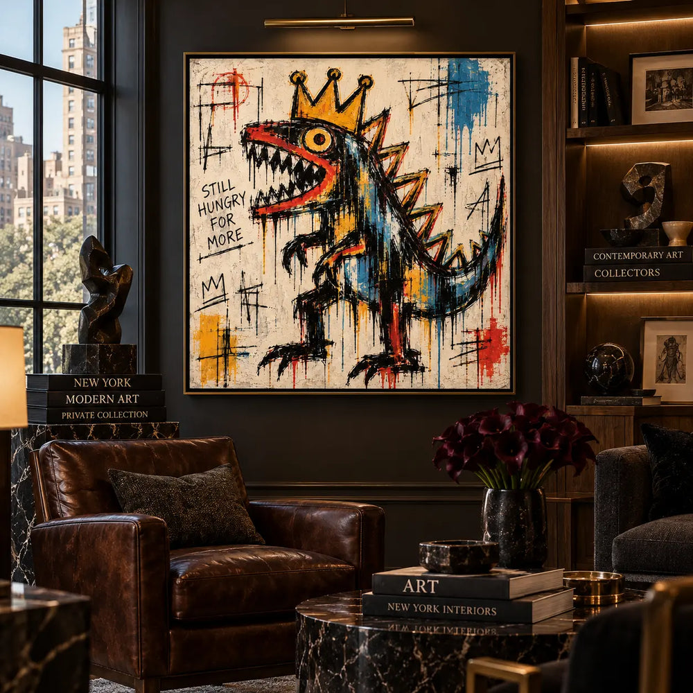 Still Hungry for a Crown: artwork above a brown leather sofa beside a brass dome lamp and lit shelves