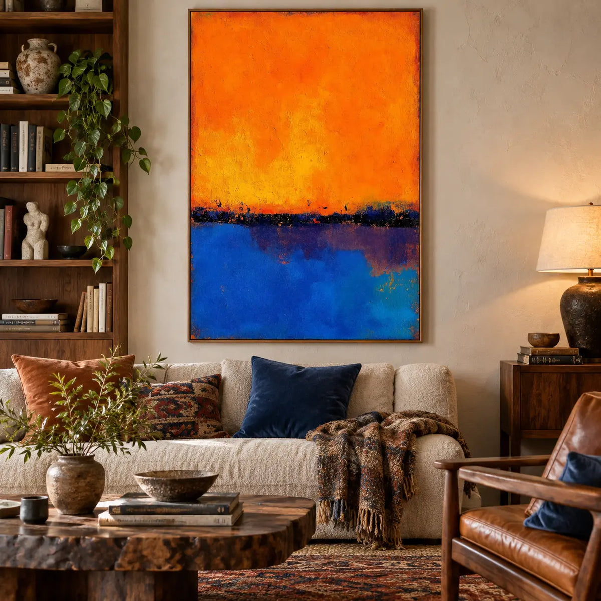Tangerine over Ultramarine: above an ivory sofa with colorful cushions beside a bookcase