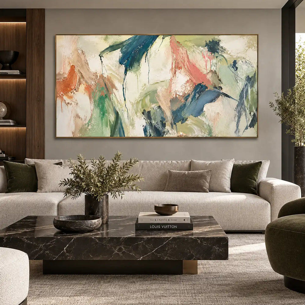 Teal Gestures Through Pale Air: above a cream sofa and marble table beside a dark green chair