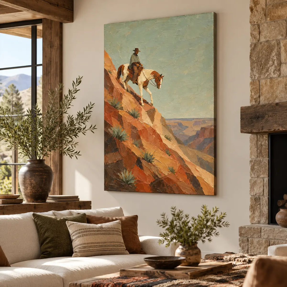 The Agave Descent: angled above a cream sofa beside a stone fireplace