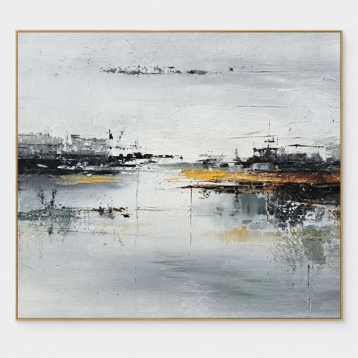 The Amber Quay: Dark harbor-like shapes flank pale water beside a long amber streak