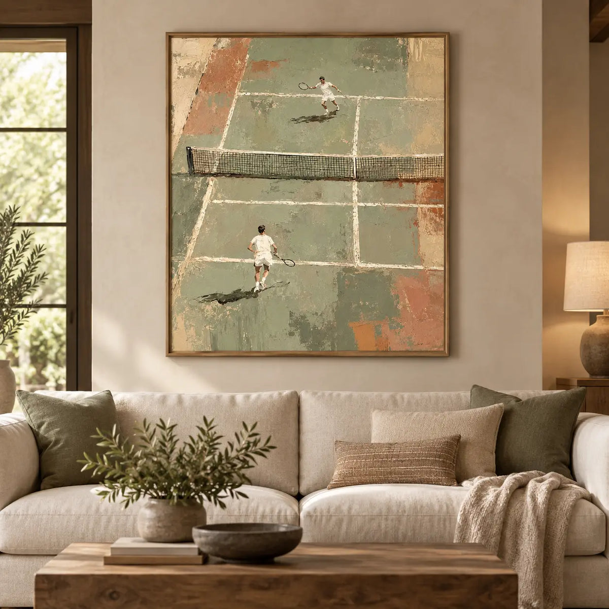 The Baseline Exchange above a cream sofa with olive cushions and a rectangular coffee table